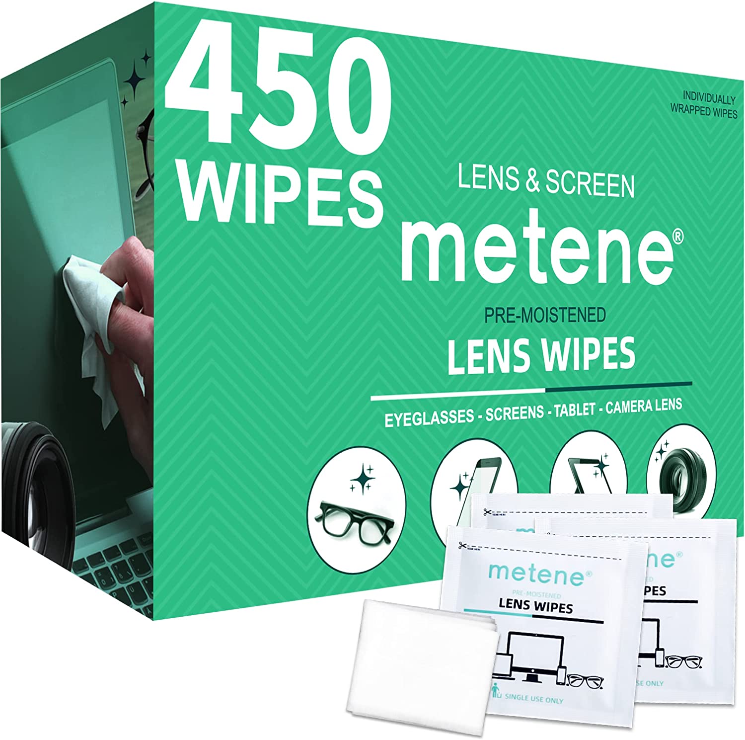 Metene Lens Cleaning Wipes, Pre-Moistened Individually Electronic Glasses  Wipes,450 Count